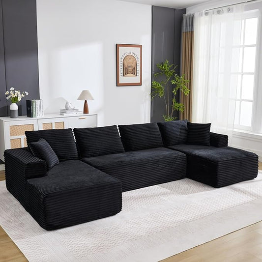 Boneless Couch U Shaped Sectional 130'' Modern Modular Cloud Couch with 2 Chaise Lounge, 4-Seat Corduroy Deep Seat Sofa with Pillows for Living Room