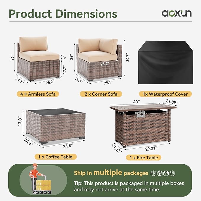 Aoxun 8 Piece Patio Furniture Set with 44” Fire Pit Table, Wicker Rattan Patio Sectional Sofa, Outdoor Furniture Set with Thickened Cushion, Light Gray