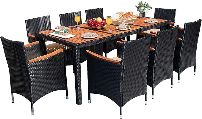 Devoko Outdoor Patio Dining Sets 9 Pieces Wicker Outdoor Dining Table and Chairs Set with Acacia Wood Table Top and Widened Armrests for Backyard, Garden, Deck (Black) by DEVOKO