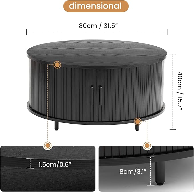 COSIEST Round Coffee Table with Storage, 31.5" Modern Black Coffee Table with 360° Sliding Door, Fluted Wood Accent Center Table with Adjustable Footpads for Living Room