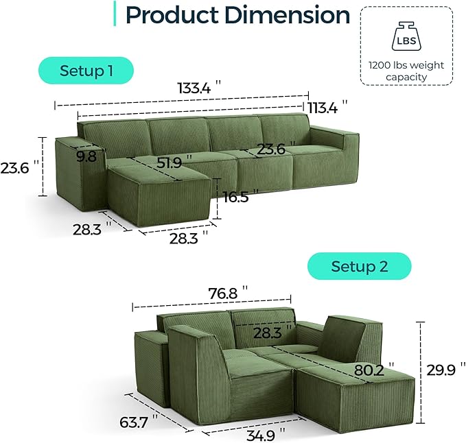 LINSY HOME Modular Sectional Sofa, 134" Boneless Couch L Shaped 4-Seat Sofa with Movable Ottoman, Corduroy Sectional Cloud Couches for Living Room, No Assembly Required, Green
