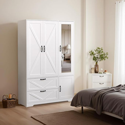 Armoire Wardrobe Closet, 72'' Wardrobe Cabinet with 2 Drawers & Mirror, 3 Doors Bedroom Clothes Closet with Hanging Rod & Built-in Light, Wooden Wardrobe Cabinet with Adjustable Shelf for Bedroom