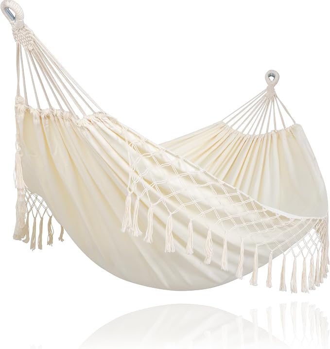 SUNCREAT Portable Camping Hammock for Outside, Heavy Duty 2 Person Hammock Bed for Tree, Beige with Tassels by SUNCREAT