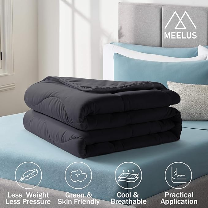 MEELUS Lightweight Comforter Cooling Black, All Season Duvet Insert Breathable Full Size Summer Bedding, Soft Microfiber Cool Down Alternative Quilt with Corner Tabs, 82x86 inch