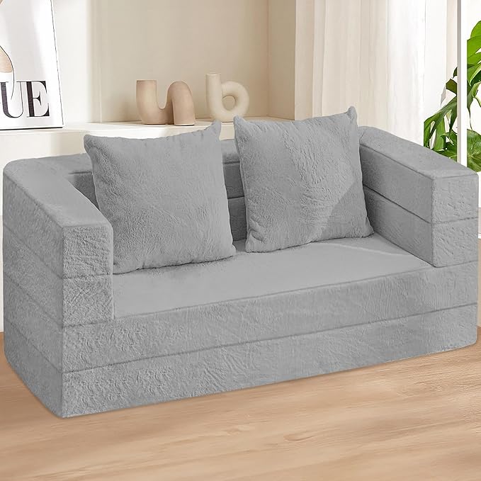 Futon Sofa Bed with Pillow, 3-in-1 Sleeper Sofa Bed with Removable Cover, Convertible Floor Sofa Bed, No Assembly Boneless Couch for Living Room, Bedroom