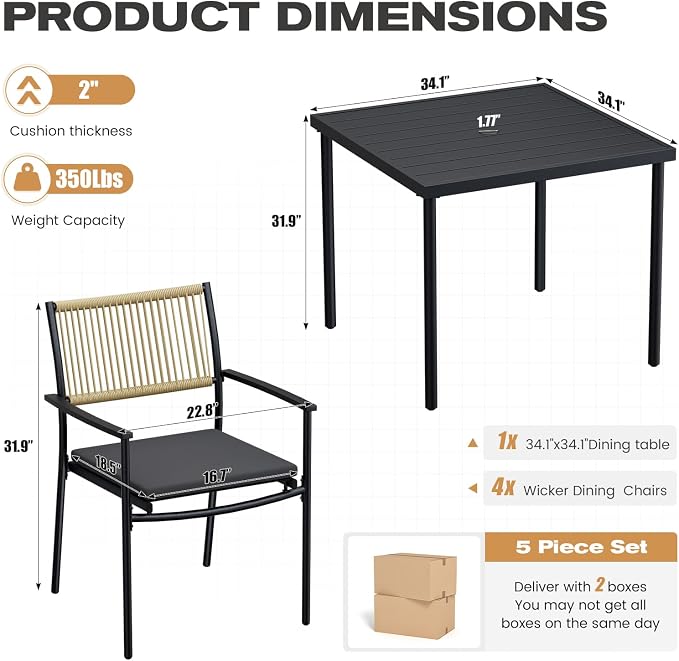 5-Piece Outdoor Dining Set for 4, Rectangle Expandable Table with Umbrella Hole, 4 Wicker Rattan Chairs with Soft Cushion,Patio Dining Set, Conversation Set for Backyard, Garden & Poolside, Black - Image 2
