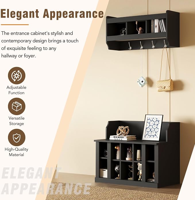 Shoe Storage Bench with Shelves and 4 Hooks, Entryway Hall Tree with Shoe Cabinets with Coat Rack - Image 4