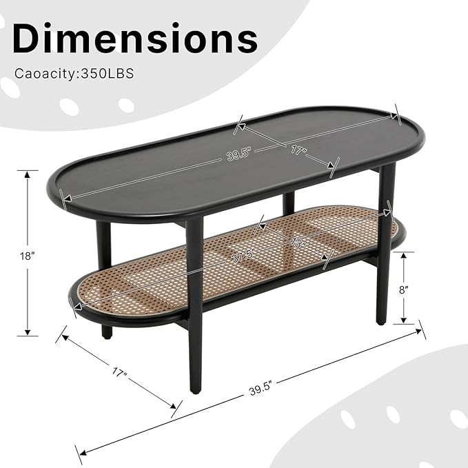 Black 2-Tier Oval Coffee Table with Rattan Storage Shelf, Modern Boho Cane Wicker Coffee Table for Living Room, Minimalist Wooden Accent Table for Entryway