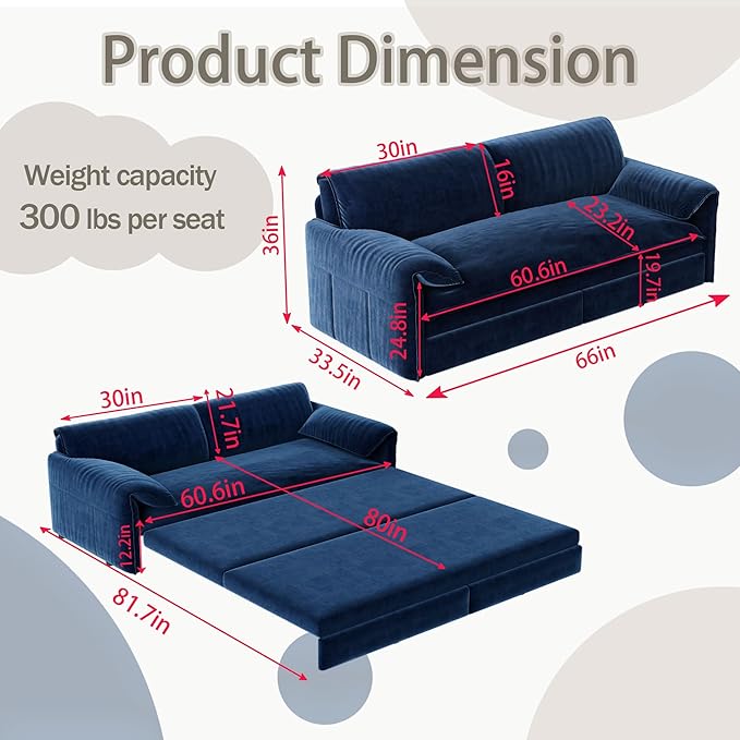 66" Queen Size Pull Out Sofa Bed, 3-in-1 Convertible Sleeper with Side Storage and Wheels, Velvet Loveseat for Living Room, Apartment, Bedroom, Blue (Mattress & Bedding Not Included)
