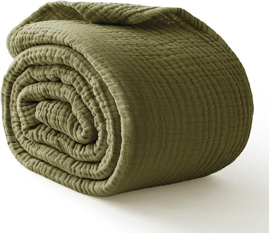 100% Cotton Muslin Blanket Queen 90" x 90", Breathable and Lightweight Cotton Throw Blanket for Bed, Soft Cooling Summer Gauze Blanket for Adults All Season, Olive Green