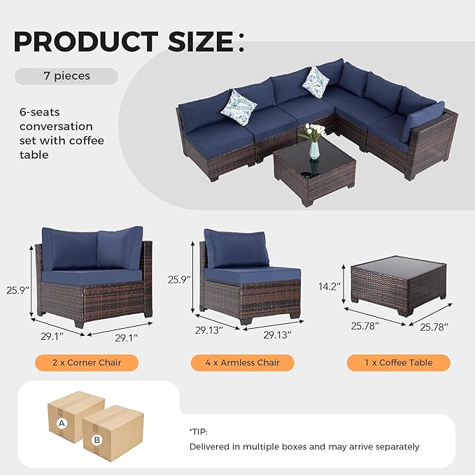 7 Piece Outdoor Wicker Patio Furniture Set, Rattan Sectional Sofa Conversation Set with Coffee Table & Cushions, for Poolside Backyard Garden Porch, Brown Wicker/Blue Cushion