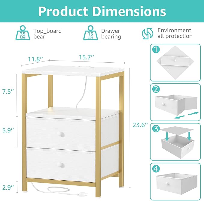 BOLUO Gold Nightstand with Charging Station, LED Night Stand with 2 Fabric Drawers, Bedside Table with USB Ports and Outlets, Nightstand for Bedroom Modern - Image 3