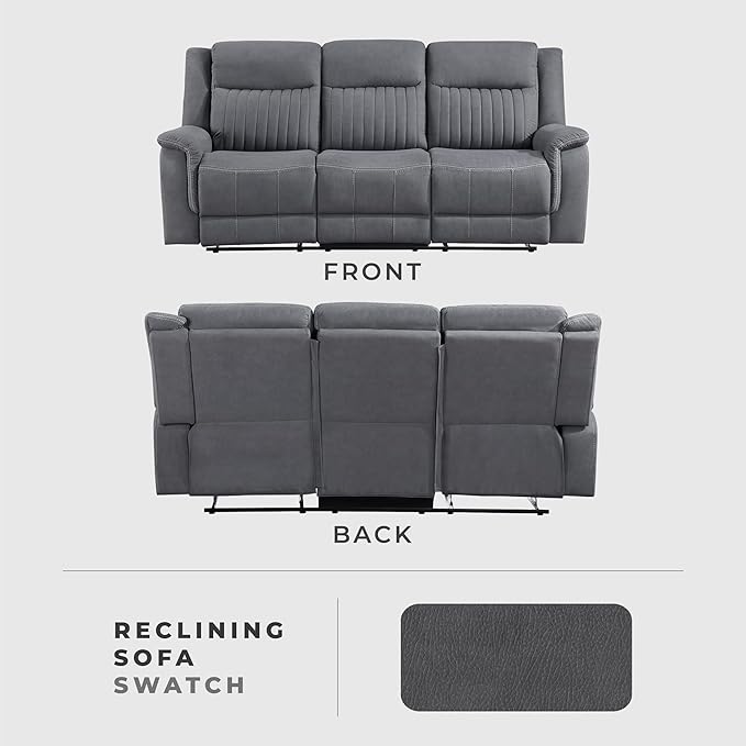 Lexicon Manual Double Reclining Sofa, Polished Microfiber Upholstered 3 Seater Manual Sofa Recliner for Living Room, Wall Hugger, Easy Assembly, Gray
