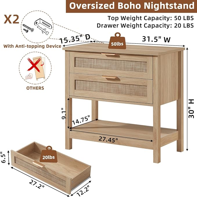 LEYAOYAO 31.5" Wide Rattan Night Stands Set 2, Oversized Large Boho Nightstand with 2 Drawer, Natural Wood Bed Side End Tables with Storage Shelf, Tall Bedside Table for Bedroom Living Room, Hallway - Image 2