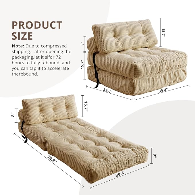 Folding Sofa Bed, Convertible Sleeper Chair with Pillow, Foldable Mattress with Back Support, Portable Floor Sofa Lounge for Living Room Bedroom Dorm