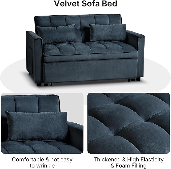 Rovibek 3 in 1 Sleeper Sofa Bed, 53'' Pull Out Couch Convertible Futon Loveseat with Adjustable Backrest, Velvet Sleeper Chaise Lounge Futon for Apartment Office Small Space, Black