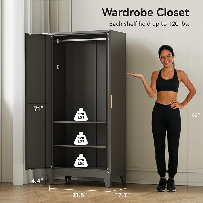 71" Tall Metal Armoire Wardrobe Closet,17.7" Deep By 31.5" Wide Portable Closet for Hanging Clothes,Wardrobe Cabinet with Adjustable Shelves for Bedroom Office Laundry Room,Black 1 Pack