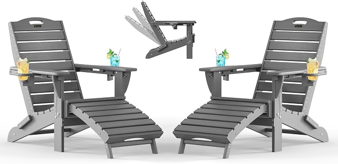 Adjustable Adirondack Chairs Set of 2 with Retractable Ottoman, HDPE Folding Adirondack Chair with Cup Holders, Weather Resistant for Backyard, Poolside & Fire Pit (Grey) by Suunyn