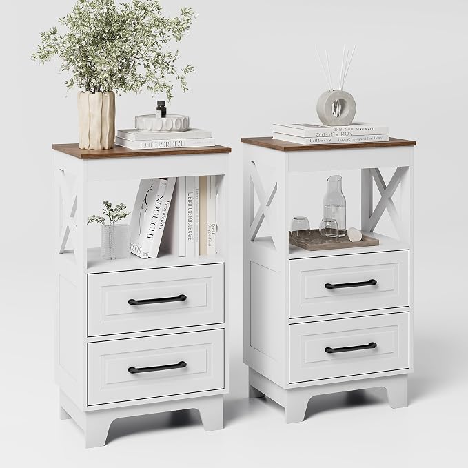 Tall Nightstand Set of 2 Side Table with 2 Drawers Modern Night Stand Wooden Rustic End Table Bedside Table with Below Open Shelf Solid Feet for Bedroom White+Walnut by ZYKZYKHOME