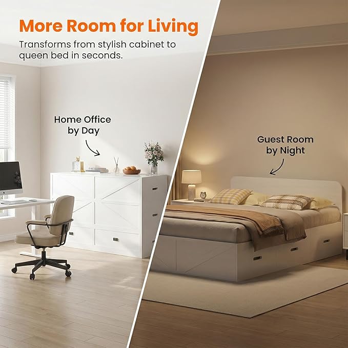 CECER Murphy Bed Queen with Mattress Include，Queen Size Murphy Bed with Storage Drawers，Multi-Functional Desgin that Converts to Sofa Set for Small Spaces/Guest Room/Bedroom（White）