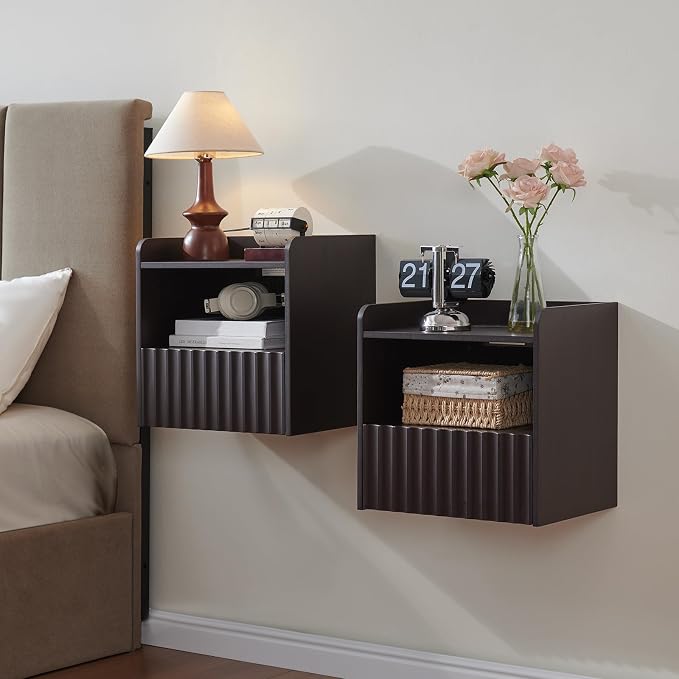 BuildHom Modern Fluted Floating Nightstand Wall Mounted Set of 2- Bedside Table with Storage Drawer & Display Shelf, Minimalist Bedroom Furniture for Studio Apartments(Espresso) by BuildHom