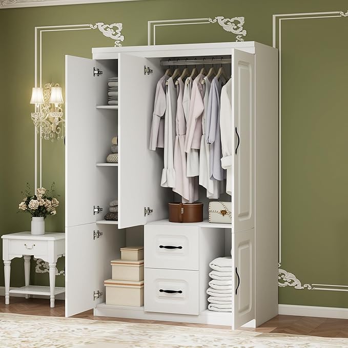 Armoire Wardrobe Closet 3 Door: Wooden White Bedroom Armoire Storage Cabinet for Large Capacity Armoire and Wardrobe Closet Wood with 2 Drawers Hanging Rail Shelves