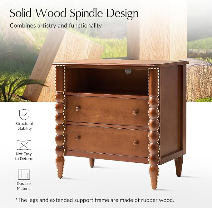 HULALA HOME Farmhouse Storage End Table Set of 2 with Spindle Columns, 2 Drawers and Open Shelf Side Table, Solid Wood Fluted Side Table with Charging Station, Brown - Image 3