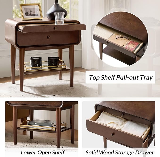 HULALA HOME Nightstand with Pull-Out Shelf, Mid Century Modern End Table with Storage Drawer, Charging Station, Solid Wood Legs, Walnut - Image 4