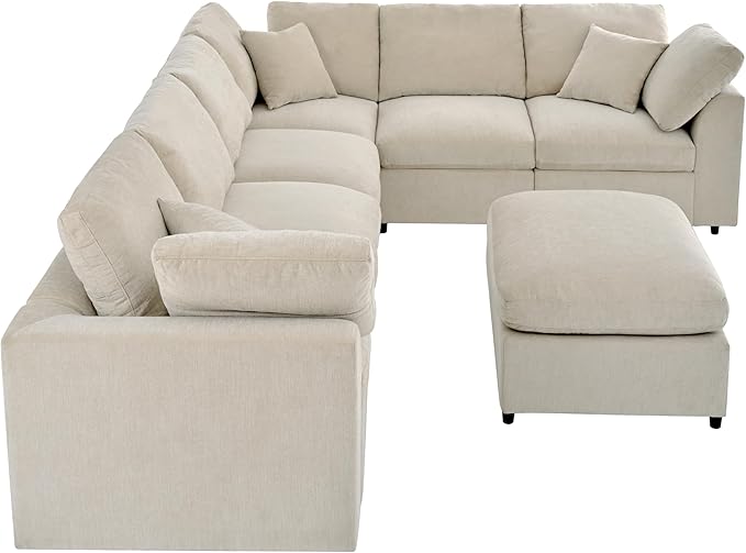 ERYE Oversized Modular Chenille Upholstered Sectional Sofa with Movable Ottoman, 7 Seaters Modular Convertible Couch Spacious Living Room Sofa for Home House Apartment