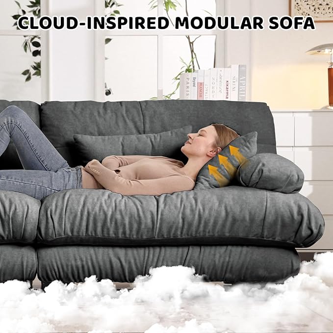 173.2" U-Shaped Cloud Couch, Oversized Modular Sectional Sofa, Deep Seat Cloud Boneless Couch, 4-Seat Modular Sectional Sofa with 2 Ottoman or Living Room,Bedroom and Apartment, Gray