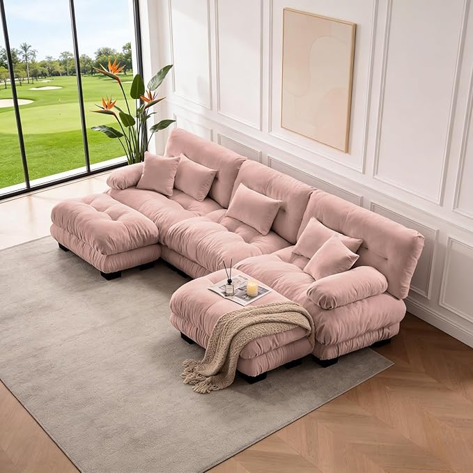 133.8" U-Shaped Cloud Couch, Oversized Modular Sectional Sofa, Deep Seat Cloud Boneless Couch, 3-Seat Modular Sectional Sofa with 2 Ottoman or Living Room,Bedroom and Apartment, Pink