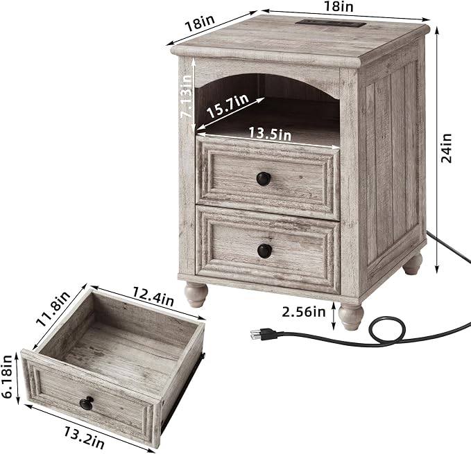 RWYHG 18" Farmhouse Night Stand with Charging Station, Gray Wood Nightstand with 2 Drawers, Bedside End Table with Shelf Storage, Bed Side Tables Cabinet for Bedroom, Living Room, and Closet - Image 2