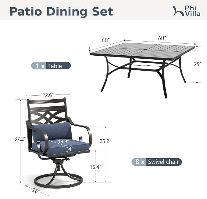 PHI VILLA 9 Pieces Outdoor Dining Set for 8, 60" Square Metal Table with Umbrella Hole & Wrought Iron Swivel Chairs, All Weather Outside Furniture with Blue Cushions & Pillows for Patio, Deck, Porch - Image 2