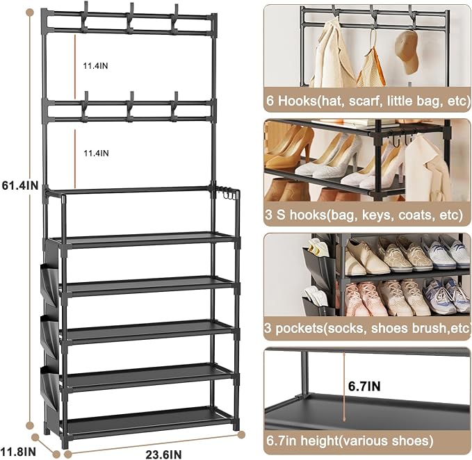 OYREL Shoe Rack 5 Tier Shoe Organizer Storage 15-20 Pairs Shoes Rack for Closet Entrance Shoe Rack Organizer with Hooks and Side Pocket Entryway Shoe Holder Space Saving Free Standing Shoe Racks - Image 3