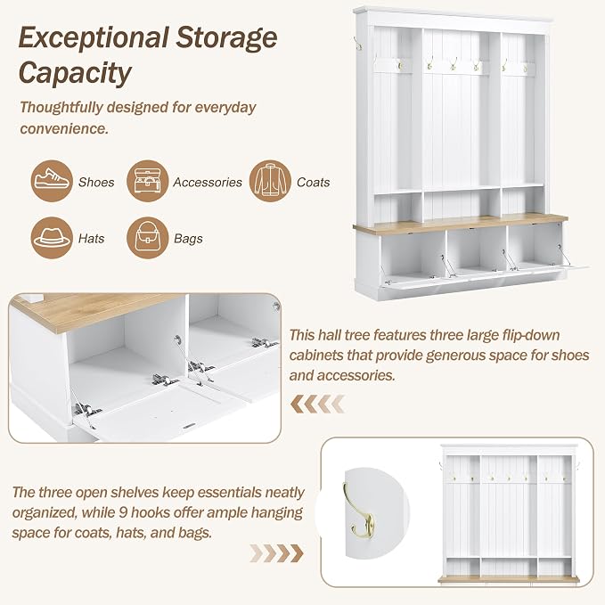 LUMISOL Hall Tree with Storage Bench and Shoe Storage, Coat Rack with Shelves and 9 Hooks, LED Light Entryway Bench with 3 Large Cabinets, for Entrance Mudroom Living Room, White - Image 4