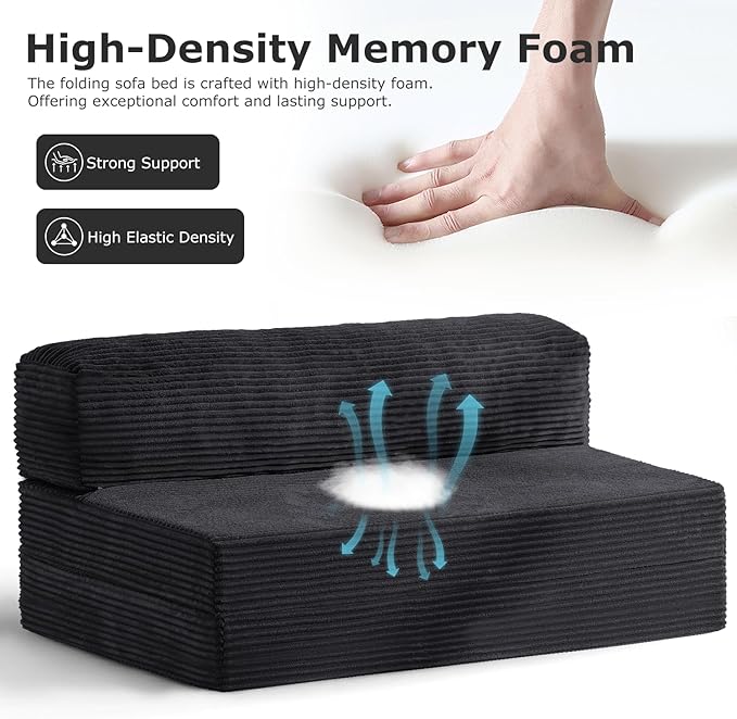6-inch Folding Mattress Convertible Sofa Bed, Foldable Floor Mattress Sleeping Couch with Removable Corduroy Cover & Carry Handles, High-Density Foam Guest Bed Mattress (Black, Queen)