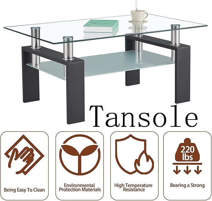 39.4'' Rectangle Glass Coffee Table, Black Coffee Table with Tempered Glass & Metal Legs, 2-Tier Modern Center Table with Storage Shelf, Clear Glass Coffee Tables for Living Room, Apartment, Office