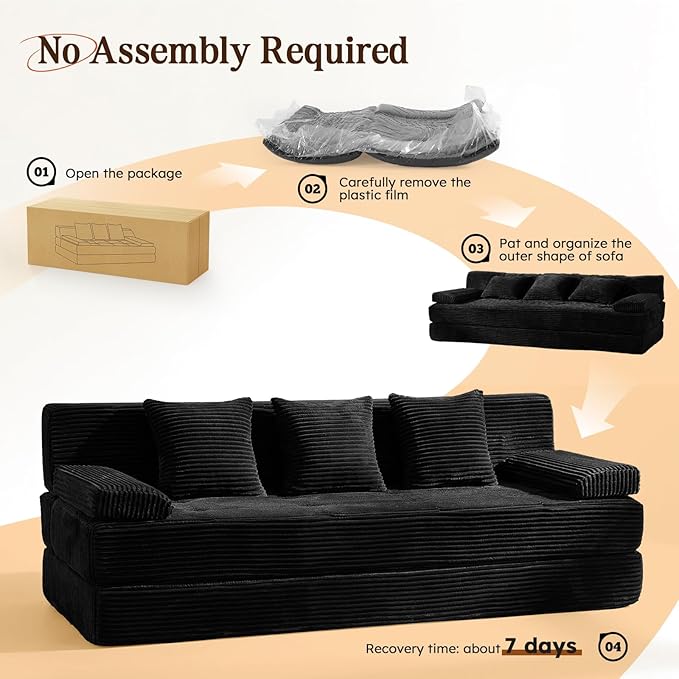 78.7IN Folding Sofa Bed - Convertible Sleeper Sofa Couch with Removable Pillows, 3 Seater Couches Bed for Living Room, Bedroom, Apartment, No Assembly Required, Freestanding, Corduroy, Black