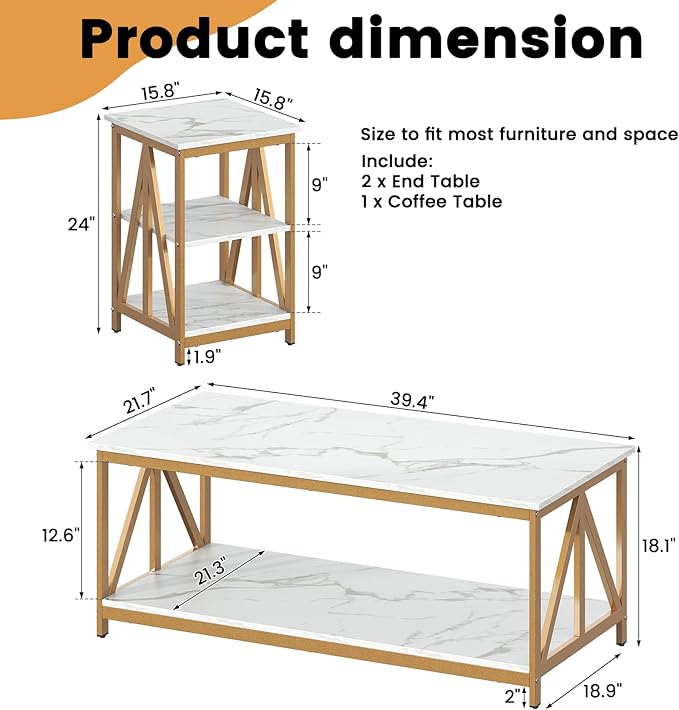 Bigbiglife Living Room Coffee Table Set of 3, Industrial X-Design Coffee Table and 2 End Side Tables, 3 Piece Living Room Table Set with Large Storage for Apartment Home (Marble White)