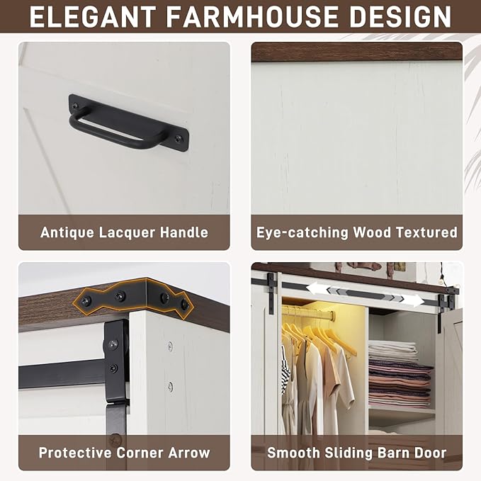 Farmhouse 6 Doors Armoire Wardrobe Closet w/Folding Sliding Barn Door and Lights, LED Armoire Closet w/ 6 Drawers for Bedroom, Freestanding Wooden Wardrobe Storage Closets w/Hanging Rod,Antique White