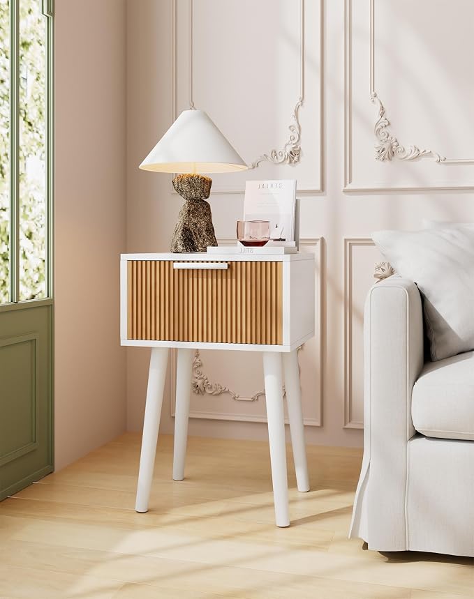 YMYNY Narrow Fluted Nightstand Set of 2, Small End Table, Modern Coffee Table with Drawer, Solid Wood Legs, Retaining Chain, for Bedroom and Small Spaces, White and Natural UHST014WN-2 - Image 5
