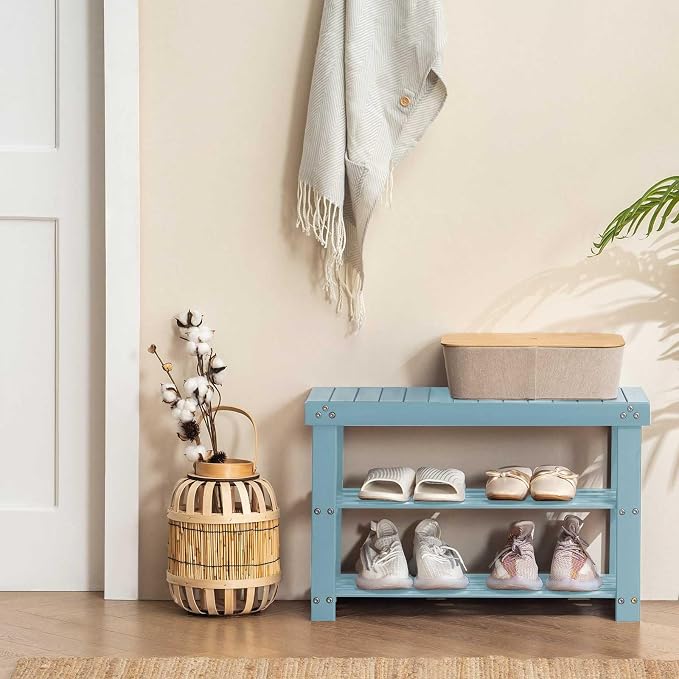 Apicizon Bamboo Shoe Rack for Entryway, 3-Tier Shoe Rack Bench for Front Indoor Entrance, Small Shoe Organizer with Storage, Blue - Image 2