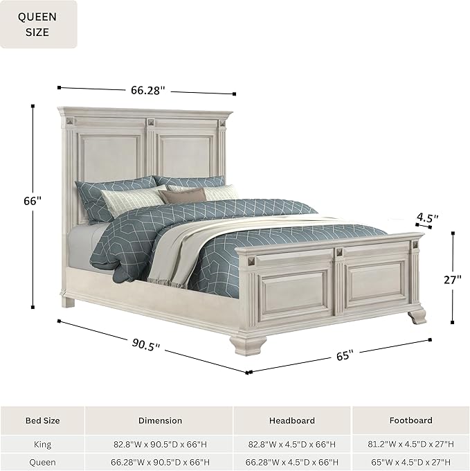 Roundhill Furniture Renova Distressed Parchment Wood Bedroom Set, Queen Panel Bed, Dresser, Mirror, Nightstand, Chest