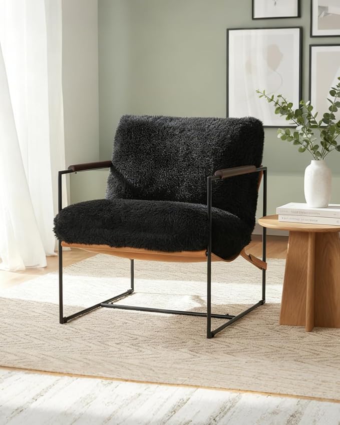 Karl home Modern Accent Chair Plush Fleece Upholstered Living Room Chair with Metal Frame Wooden Armrest Comfy Lounge Armchair for Living Room, Bedroom, Balcony, Reading Room, Black