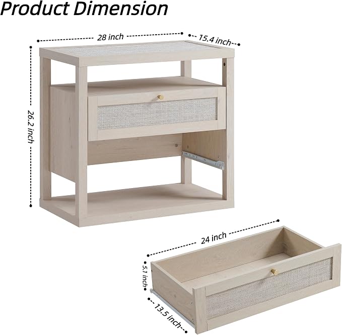 VividVibe Light Oak Night Stand Set 2, Nightstand with Drawers and Storage Shelf - Rattan Boho Bedside Tables Large Nightstands Wooden Bed Side Table, Modern Farmhouse Accent End Table - Image 3