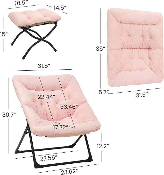 Comfy Saucer Chair for Adults, Soft Faux Fur Bedroom Chair with Ottoman, Accent Dorm Chairs, Living Room Reading Chairs and Footstool, Folding Seat for Teens, X-Large, Light Pink