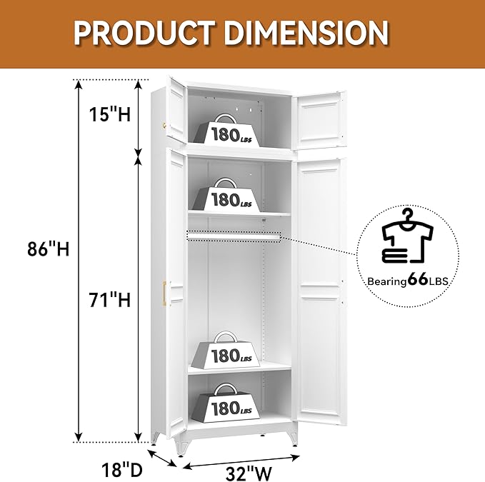 Polup Metal Armoire Closet, 86 Inch Tall Wardrobe Armoire with Hanging Rod, Almirah for Clothes with Doors, 18" D x 32" W x 86" H, White, Assemble Required, Shipped in Two Packages