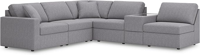 Signature Design by Ashley Modmax Contemporary Stain Resistant Left-Arm Facing 6-Piece Sectional with Storage Console, Armrest, Throw Pillows and Reversible Cushions, Gray
