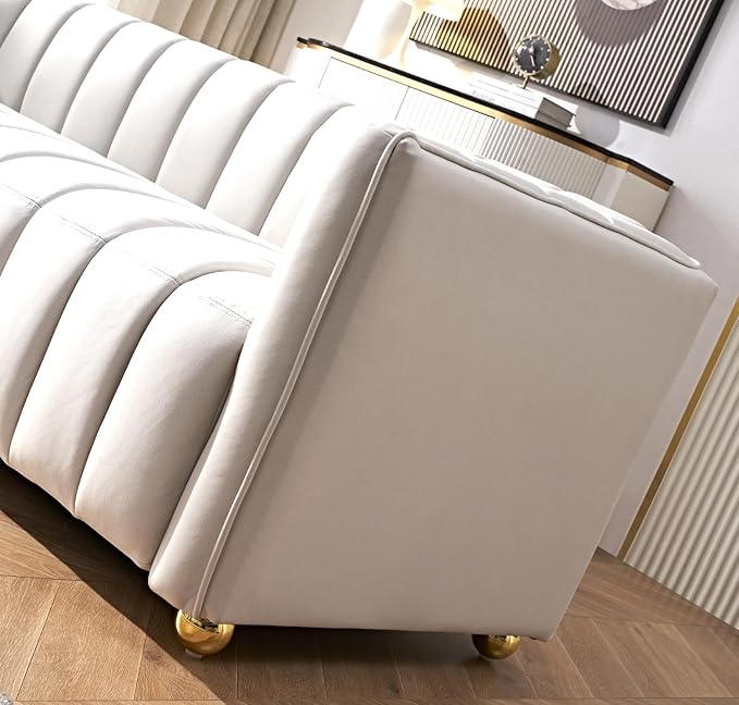 Direct Glam Fabric Upholstered Solid Wood Frame 82.7" Art Deco Sofa for Living Room, Office, Sophisticated 3 Seater Couch, Ivory