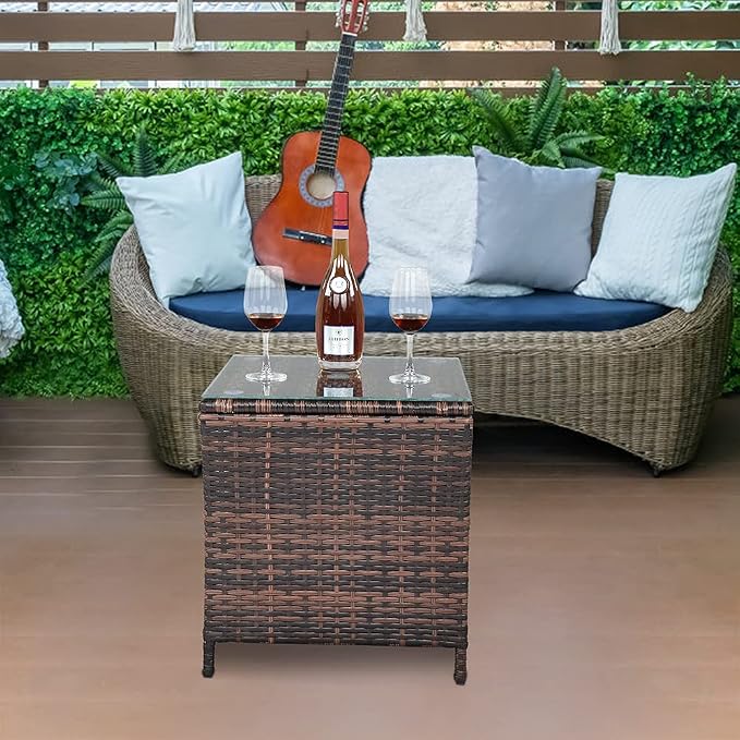 VINGLI Outdoor Wicker Side Table Patio Side Tables for Outside, Tempered Glass Top Wicker Table with Storage End Table for Balcony Porch Deck (Brown) - Image 7
